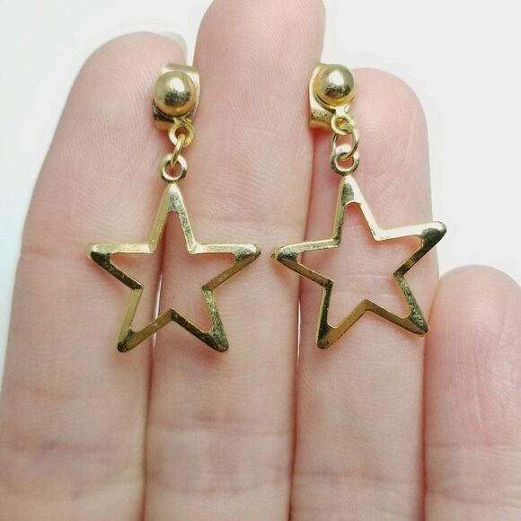Vintage Star Dangle Earrings, Gold Tone Light Weight, Celestial Space Theme - Picture 5 of 6